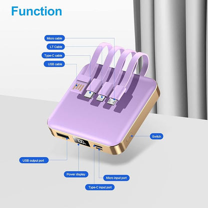 ummz Portable Charger 12000mAh with Built-in Cables,22.5W Fast Charging Power Bank,USB C Input/Output,Smart LED Display,Compact External Battery for iPhone 15,Samsung Galaxy,iPad,Tablets