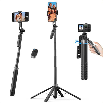 K&F CONCEPT 71" Phone Tripod, Auto Open Selfie Stick with 4 Legs & Stabilizing Handle, 360° Rotation Cell Phone Tripod Stand with Wireless Remote Control, Compatible with iPhone, Android, Camera