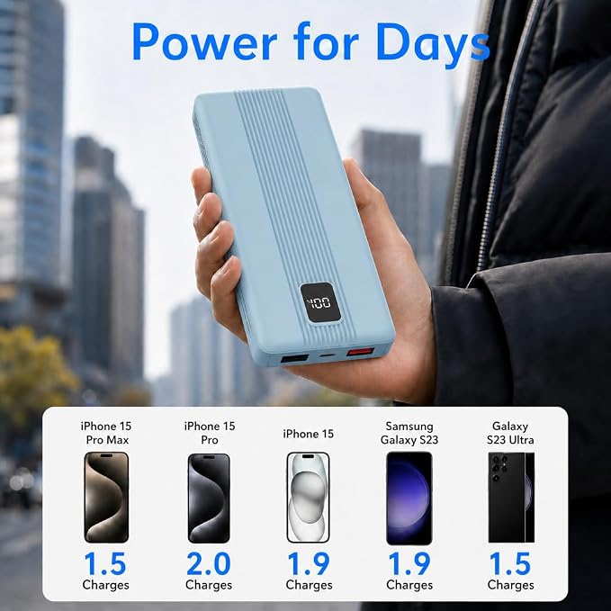 10000mAh Portable Charger with 4 Built-in Cables, 22.5W Fast Charging Power Bank, LED Display, Slim Travel Battery Pack for iPhone 17/16/15/14, Samsung Galaxy, iPad & More