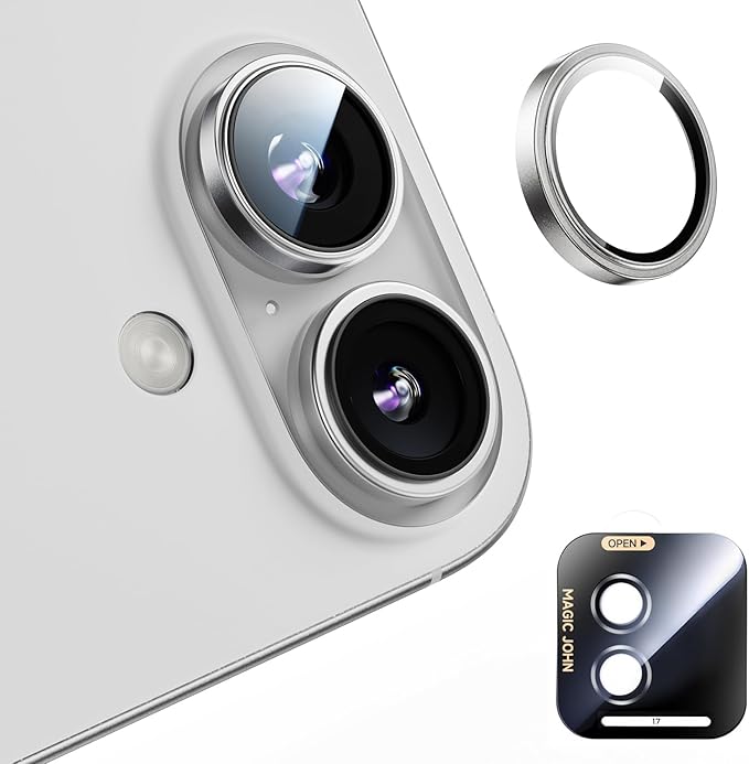 MAGIC JOHN for iPhone 17 Camera Lens Protector [Alignment Kit&1:1 Invisible Fit] 9H Aerospace Tempered Glass, Ultra HD, Metal Individual Ring，Case Friendly, Set of 2,Sliver