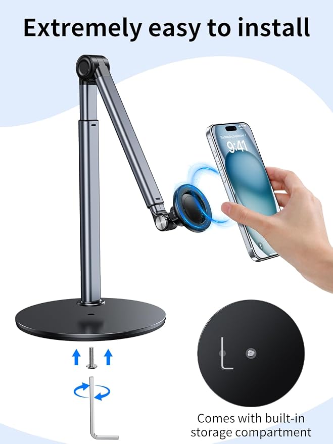 Magnetic Aluminum Overhead Phone Stand for Recording,Adjustable Phone Mount for Desk,iPhone Tripod for Overhead Shots,Sturdy Holder for Cooking,Crafting,Filming,Painting – Perfect for Creators