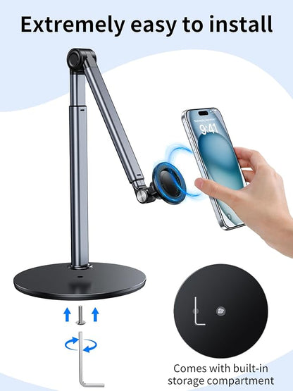 Magnetic Aluminum Overhead Phone Stand for Recording,Adjustable Phone Mount for Desk,iPhone Tripod for Overhead Shots,Sturdy Holder for Cooking,Crafting,Filming,Painting – Perfect for Creators