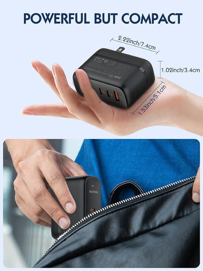 GaN 65W USB C Charger 3 Port Fast Charging Block Travel Charger Wall Charger Universal Travel Adapter EU UK Plug Adapter for MacBook iPad Pro/Air iPhone 15 16 Samsung S24 Laptop Steam Deck