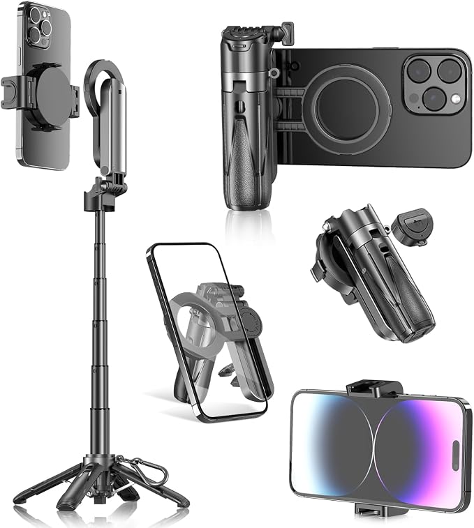 Mini Selfie Stick for iPhone, 4-in-1 Multifunctional 360° Rotation Magnetic Selfie Stick with Remote Control, Small Pocket Tripod Handle Grip Extendable Stand for iPhone Android Phones Recording