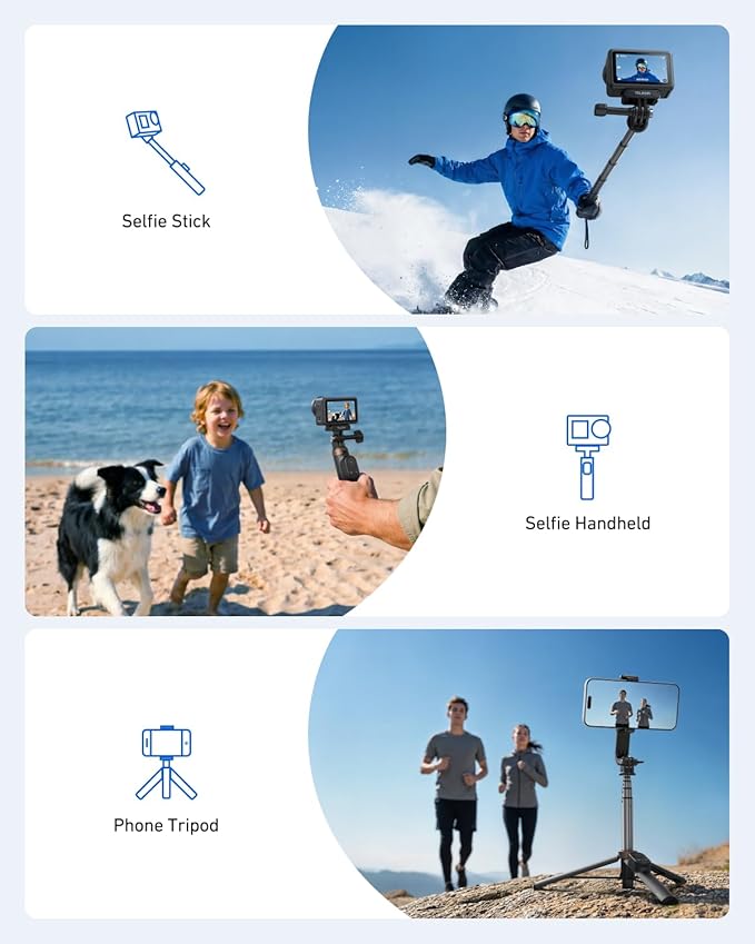 TELESIN Mini Selfie Stick & Phone Tripod for DJI Osmo 360 Action 6/5/4, GoPro Hero 13/12/11, Vlog Selfie Stand with 80m Remote and Phone Clip for iPhone & Android, Portable Vlogging Tripods for Travel