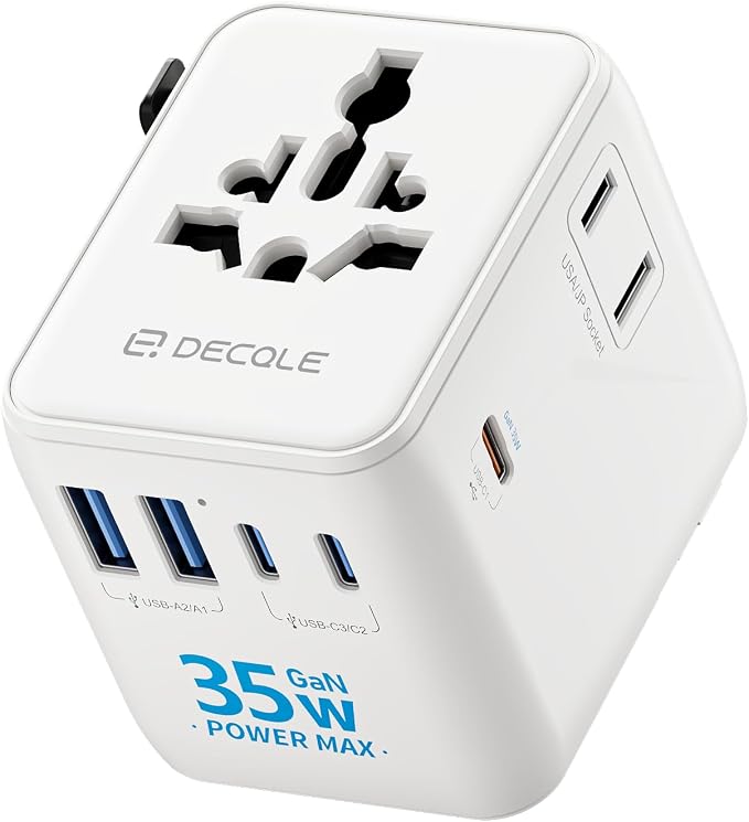 “Pro” Universal Travel Adapter 3 USB-C＆ 2 USB-A Cover 200+ Countries | GaN 35W, International Plug Adapter, All in One Portable Adapter, NOT A Voltage Converter, for USA, UK, EU, AU (White)