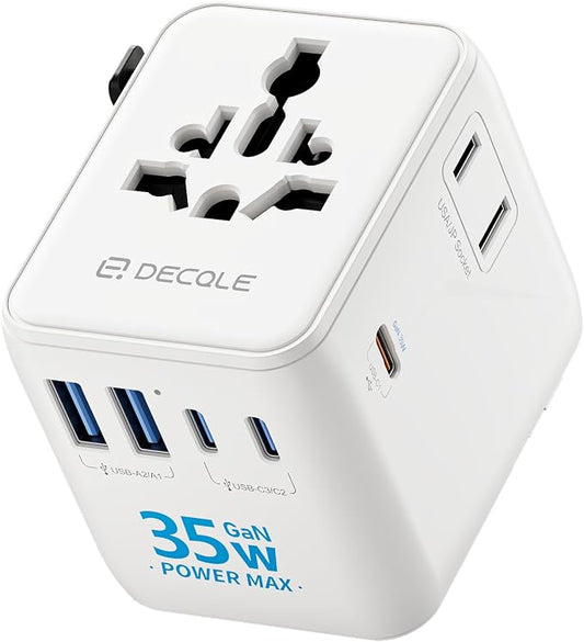 “Pro” Universal Travel Adapter 3 USB-C＆ 2 USB-A Cover 200+ Countries | GaN 35W, International Plug Adapter, All in One Portable Adapter, NOT A Voltage Converter, for USA, UK, EU, AU (White)