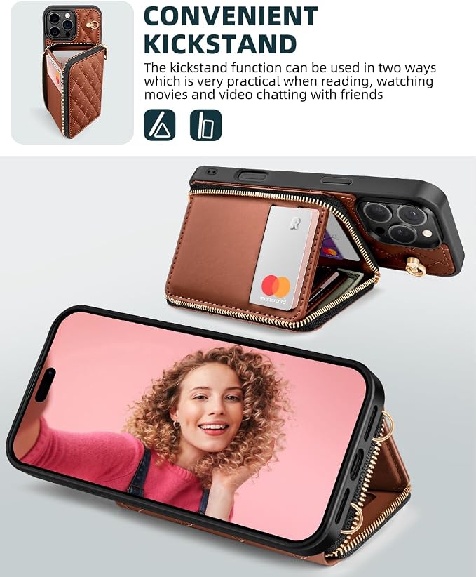 OCASE Compatible with iPhone 16 Pro Crossbody Wallet Case with Card Holder, PU Leather Zipper Handbag Phone Purse with RFID Blocking Kickstand Wrist Strap Lanyard 6.3 Inch, Diamond Check Brown