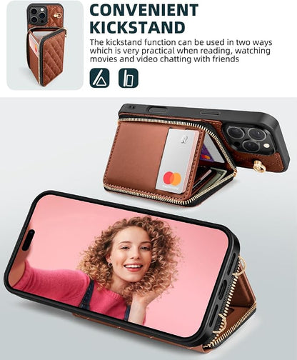 OCASE Compatible with iPhone 16 Pro Crossbody Wallet Case with Card Holder, PU Leather Zipper Handbag Phone Purse with RFID Blocking Kickstand Wrist Strap Lanyard 6.3 Inch, Diamond Check Brown