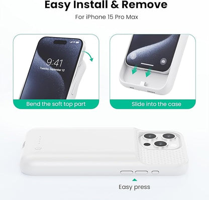 Battery Case for iPhone 15 Pro Max,Powerful 8600mah Ultra-Slim Protective Charging Case,15W Fast Charging Portable Rechargeable Expandable Battery Charger Cover for iPhone 15 Pro Max(6.7inch)-White