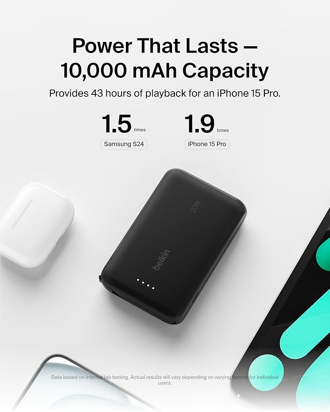 Belkin Portable Charger Power Bank USB C, 10000 mAh w/Integrated Cable, 20W Fast Charge USB-C Power Delivery, iPhone Charger, Apple iPhone 17, Air, Pro, Pro Max, iPad, Samsung Galaxy S25 - Black