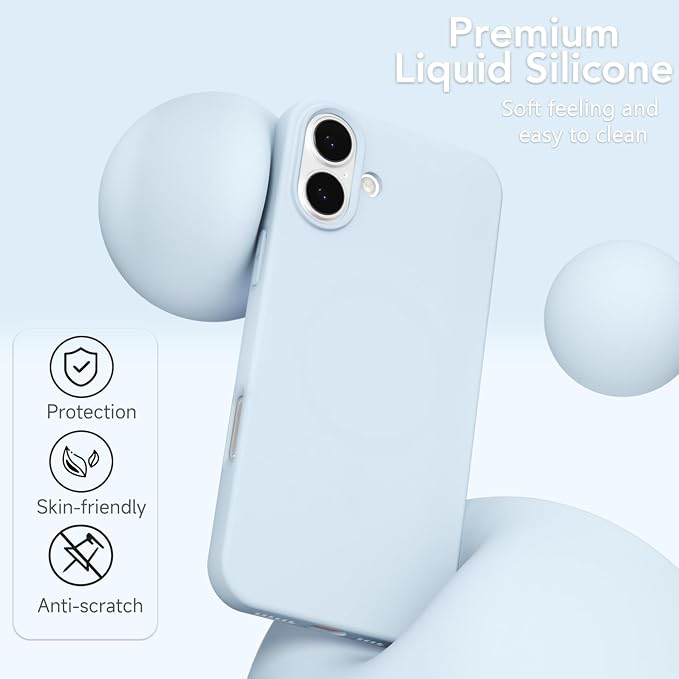 for iPhone 16 Case Silicone Compatible with Magsafe Case, Ultra Slim Thin Magnetic Phone Cases Mag Safe, Cute Soft Rubber Gel TPU Matte Plain Wireless Charging Cover for Women, Light Blue