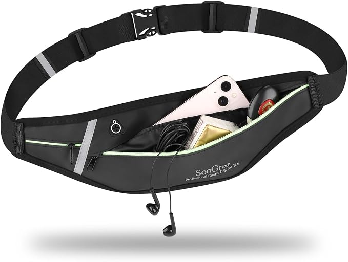 SooGree Slim Running Belt Fanny Packs for Women Men,Water Bottle Holder Hydration Fanny Pouch,Waterproof Sport Waist Pack with Reflective Strip,Runner Belt Bag for Running Cycling Camping Gym (Black)