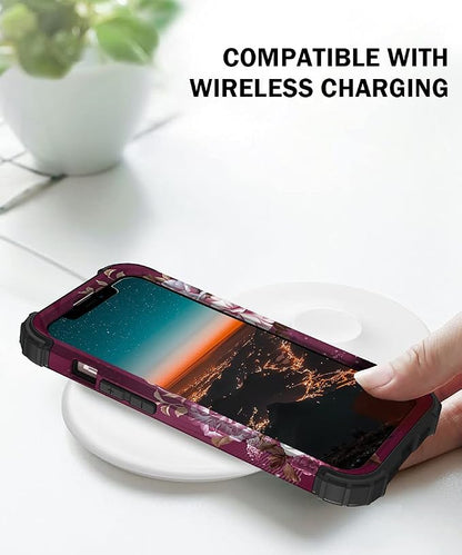 Hocase for iPhone 13 Pro Case, Heavy Duty Shockproof Protection Soft Silicone Rubber+Hard Plastic Bumpers Hybrid Protective Case for iPhone 13 Pro 6.1" 2021 - Royal Purple Flowers