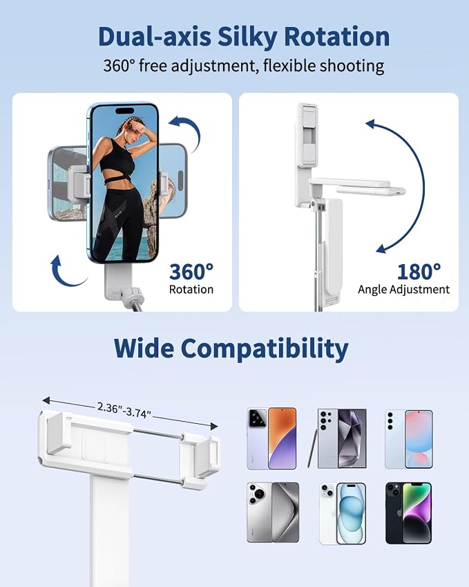 yAyusi New Ultra Mini Selfie Stick for iPhone, Extendable Aluminum Portable Selfie Stick with Remote, Compact Phone Selfie Sticks Compatible with 4-7" Phones for Vlog/Video Record/Live Stream (White)