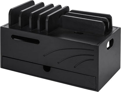 Homde Bamboo Charging Station Organizer: Charger Rack for Multiple Devices | Cable Cord Management Box with 6 Compartments and Drawer - Electronic Docking Stand for Chargers Phones Tablets (Black)