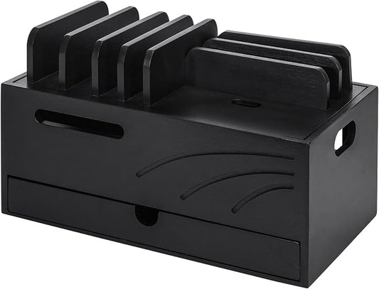 Homde Bamboo Charging Station Organizer: Charger Rack for Multiple Devices | Cable Cord Management Box with 6 Compartments and Drawer - Electronic Docking Stand for Chargers Phones Tablets (Black)