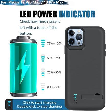 Battery Case for iPhone 12 Pro Max/iPhone 13 Pro Max, 6000mAh Rechargeable Extended Battery Charging Charger Case, Add 100% Extra Juice (6.7 Inches) Black