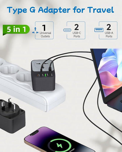 UK Adapters for Travel, COOFINE 65W 5 in 1 Type G Travel Adapter with 2 PD USB C 2 USB Ports, UK Travel Plug Adater for US to UK Hongkong Dubai, Worldwide Travel Essentials