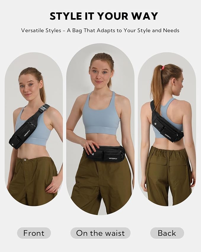 WATERFLY Small Crossbody Fanny Pack: 5 Pocket Slim Lightweight Waist Belt Hip Bag for Women Men Water Resistant Chest Pouch for Travel Hiking Running Walking Fit All Phones - Black