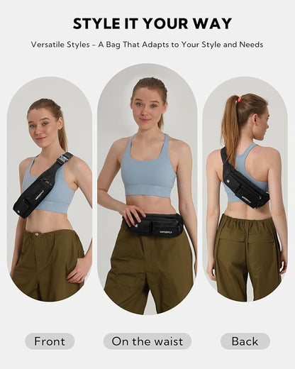 WATERFLY Small Crossbody Fanny Pack: 5 Pocket Slim Lightweight Waist Belt Hip Bag for Women Men Water Resistant Chest Pouch for Travel Hiking Running Walking Fit All Phones - Black