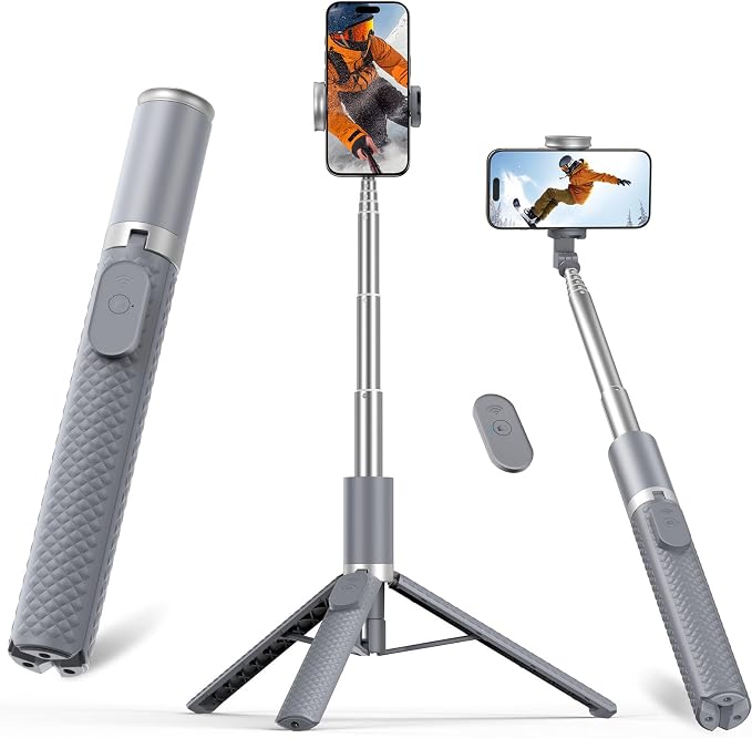 Phone Tripod & Selfie Stick with Remote, Portable, Lightweight for Video Recording Vlog, Extendable Travel Tripod Stand Compatible with iPhone Android, Grey, 62"