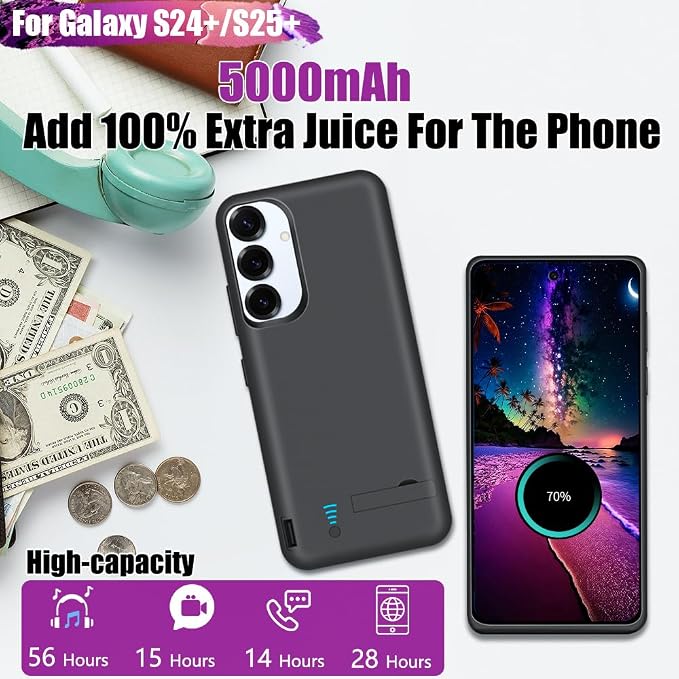 Sitong Battery Case for Samsung Galaxy S25+/ S25 Plus/ S24+/ S24 Plus, 5000mAh Rechargeable Extended Battery Charging Charger Case, Add 100% Extra Juice (6.7 Inches) Black