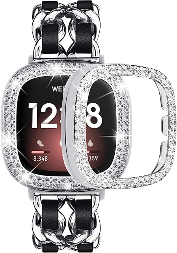Stainless Steel Bands Compatible for Fitbit Versa 4/Fitbit Sense 2 Smartwatch With Bling Case Cover,Chic Leather Metal Wristband Accessories Strap for Women Bracelet (Silver, Versa 4/Sense 2)