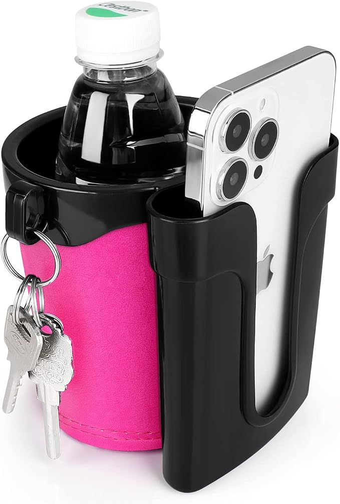 Accmor 3-in-1 Bike Cup Holder with Cell Phone Keys Holder, Bike Water Bottle Holders, Universal Bar Drink Cup Can Holder for Bicycles, Motorcycles, Scooters, Black Pink