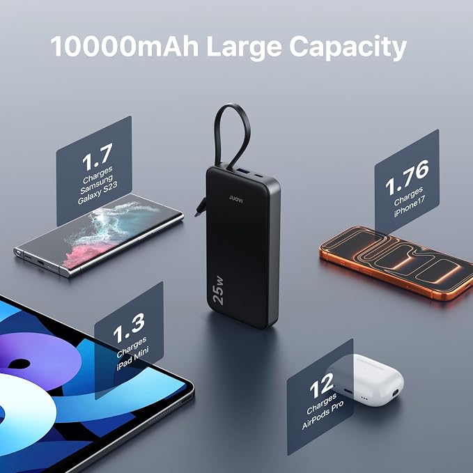 JUOVI 25W Portable Charger 10000mah Power Bank Built-in USB-C Cable | Battery Pack with LED Display, Portable Phone Charger for iPhone 17 16 15 14 Samsung S24 S23 iPad Tablets