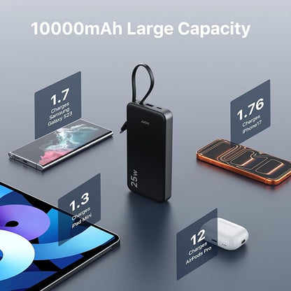JUOVI 25W Portable Charger 10000mah Power Bank Built-in USB-C Cable | Battery Pack with LED Display, Portable Phone Charger for iPhone 17 16 15 14 Samsung S24 S23 iPad Tablets