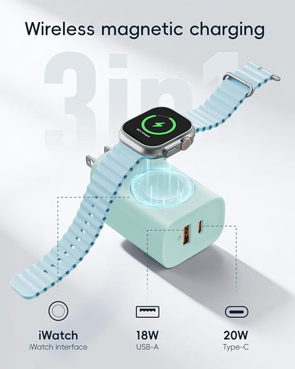 VRURC for Apple Watch Charger, Wireless Magnetic Portable iWatch Charger, PD 20W 3-in-1 Travel Essentials Fast Charging Block for iWatch Ultra/SE/11/10/9/8/7/6/5,iPhone 17/16/15/14/13 etc-Green