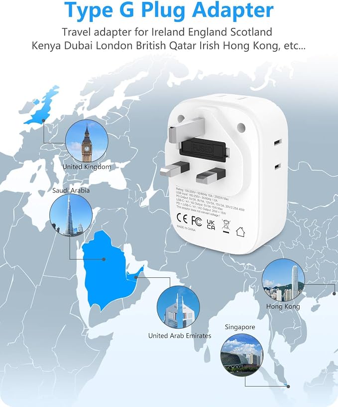 LENCENT US to UK Ireland Travel Plug Adapter, PD45W Grounded Type G Adapter | Travel Adapter with 4 Outlets 4 USB Ports(2 USB C), Power Plug for US to Dubai Scotland British London England Singapore