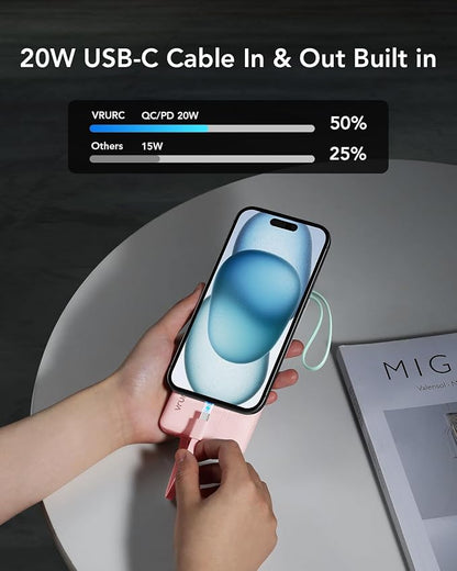 VRURC 22.5W 10000mAh Fast Charging Power Bank Built‑in 4 Cables | Portable Charger Slim,Travel Battery Pack for iPhone, Samsung & Multi Devices, Pocket‑Friendly with Lanyard-Pink(1 Pack)