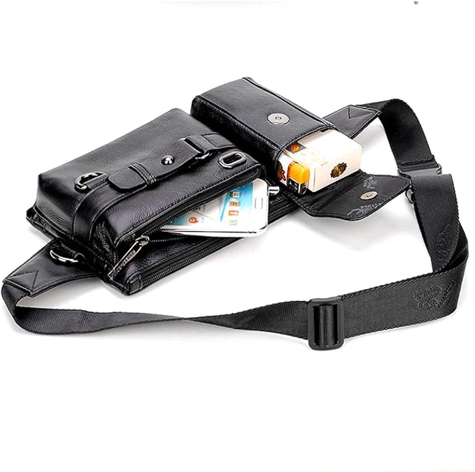 KPYWZER Vintage Leather Waist Bag Fanny Pack for Men&Women Hip Bum Bag with Adjustable Strap for Outdoors Workout Traveling Casual Running Hiking Cycling Black