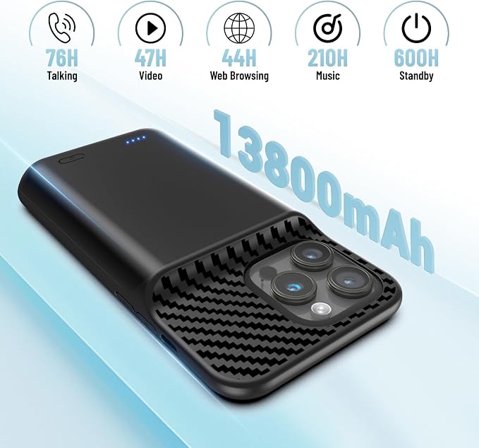 13800mAh Battery Case for iPhone 15Pro Max (6.7 inch), [2026 Upgraded] Portable Battery Charging Case, Rechargeable Battery Back Charger Case with Tempered Glass Screen Protector, Black
