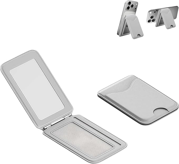 Upgraded for Magsafe Wallet, Strong Magnetic Phone Wallet with Adjustable Stand, Built in Makeup Mirror, 5 Card Holder, RFID Blocking (Grey Fold)