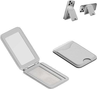 Upgraded for Magsafe Wallet, Strong Magnetic Phone Wallet with Adjustable Stand, Built in Makeup Mirror, 5 Card Holder, RFID Blocking (Grey Fold)