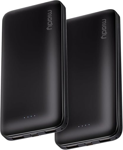 Miady 2-Pack Portable Charger, Slim 10000mAh Power Bank Travel Battery Pack | Dual USB丨3 Outputs 2 Inputs丨for Backpack Travel Camping丨Slim丨Compatible with iPhone Android etc丨Flight-Safe丨37Wh丨Black+Black