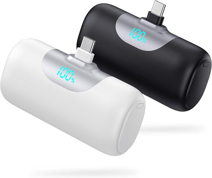 [2-Pack] 6000mAh Portable Charger for iPhone 17/16, LCD Display USB C Mini Power Bank,PD Fast Charging Lipstick Sized Battery Pack for iPhone 17/16/15 Pro Max, Galaxy S25/S24, Pixel (Black+White)