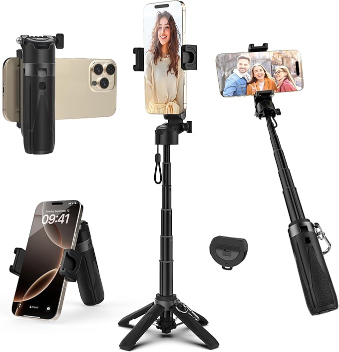 Takerers Portable Selfie Stick Tripod with Remote【Pocket Size】 4-in-1 Extendable Cell Phone Tripod【360° Rotation】 Mini Selfie Stick for iPhone Android Phone Holder for Video Recording Live Streaming