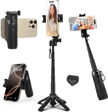 Takerers Portable Selfie Stick Tripod with Remote【Pocket Size】 4-in-1 Extendable Cell Phone Tripod【360° Rotation】 Mini Selfie Stick for iPhone Android Phone Holder for Video Recording Live Streaming