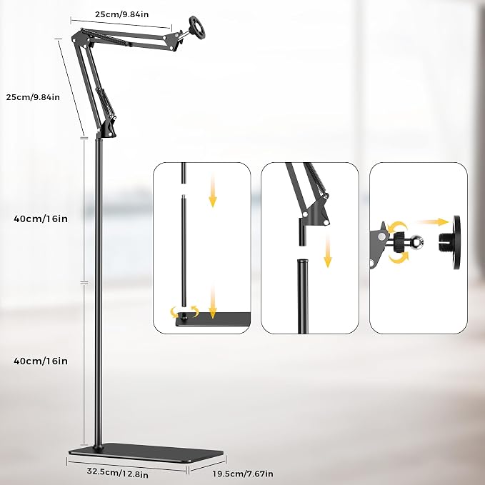 Magnetic Bed Phone Holder for Laying Down, Bedside Floor Stand with Adjustable Arm for iPhone, Headboard Phone Mount for Reading Watch Movies