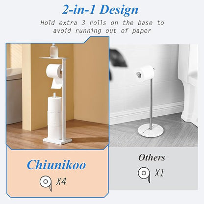 Freestanding Toilet Paper Holder for Bathroom–Stainless Steel Square Tissue Dispenser with Storage Tray & Roll Organizer (White)