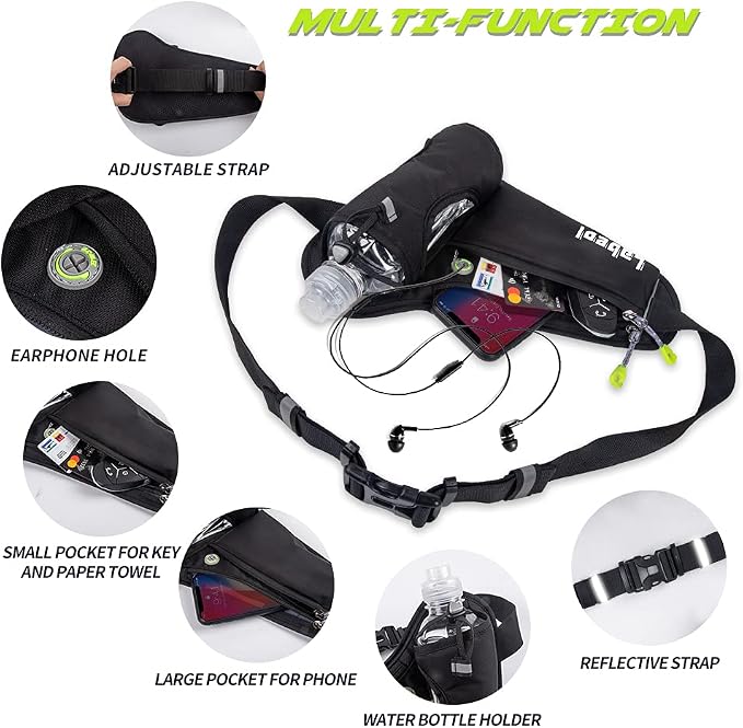 Labeol Waist Pack, Waterproof Hydration Belt with Water Bottle Holder, Adjustable Fanny Pack for Running, Hiking, Walking, Cycling, Black