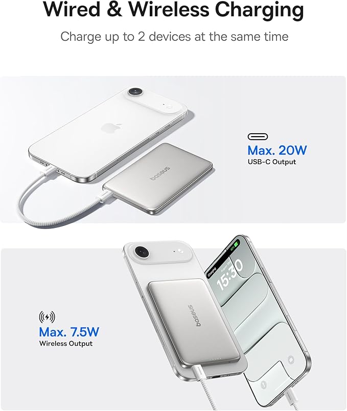 Baseus Picogo Power Bank, 0.3" Ultra Slim 5000mAh MagSafe Battery Pack, Update Polished Alloy Magnetic Portable Charger, Wireless Charger with USB-C Cable for iPhone 17 Pro Max/17 Air/16/15/14/13/12