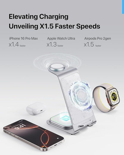 Intoval Aluminum 3 in 1 Wireless Charging Station for iPhone 17 16 15 14 13 12 11 Pro Max XR, Wireless Charger for Apple Watch 11 10 9 8 7 Ultra SE 3 2, Phone Charger for AirPods 4 Pro 2 3 (Silver)
