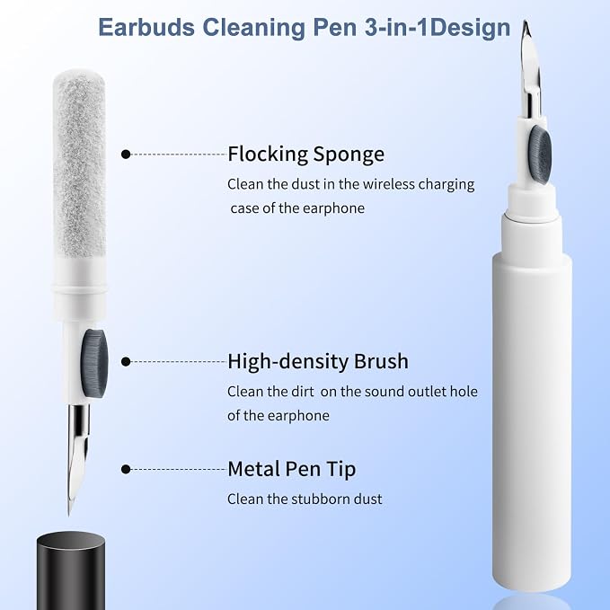 Cleaner Kit for Airpods Pro 1 2 3, 3-in-1 Multi-Function Cleaning Pen Tools Soft Brush Flocking Sponge & Metal Tip for Earbuds, Wireless Earphones, iPhone, Camera, Lens, Bluetooth Headphones (White)