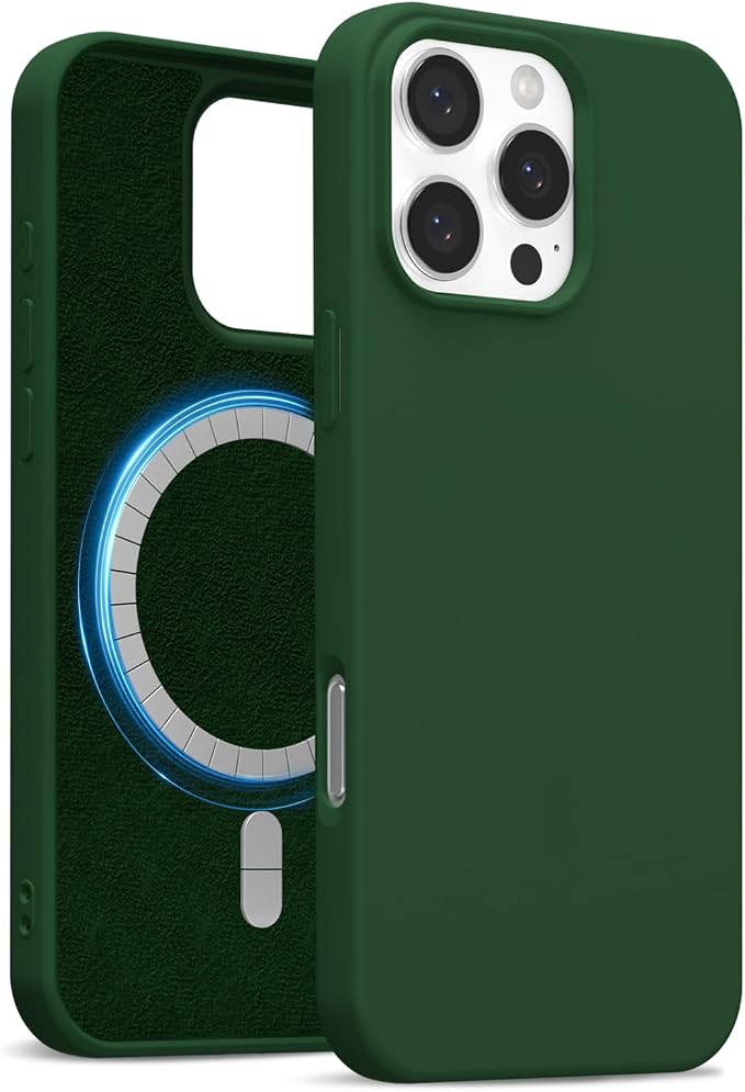 for iPhone 16 Pro Max Case Silicone Compatible with Magsafe Case, Ultra Slim Thin Magnetic Phone Cases Mag Safe, Cute Soft Rubber Gel Matte Plain Wireless Charging Cover for Women, Dark Green