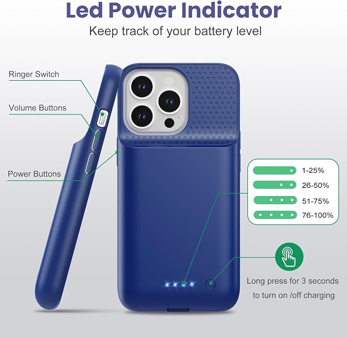 Feob Battery Case for iPhone 15 Pro, [2026 Upgraded] 7500mAh Slim Portable Smart Charging Case Rechargeable Protective Extended Charging Cover for iPhone 15 Pro-Blue